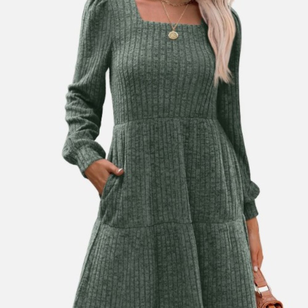 Sampeel Olive Sage Green Soft Stretch Knit Tiered Long Sleeve Dress w/Pockets XL